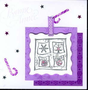Post image for Modèle de Carte de Bonne Année mauve avec des tampons, des crosses, des paillettes …